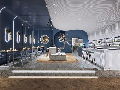 Modern Bar Interior with Dark Blue Walls Curved Design Bar Counter and Wavy Ceiling 3d model