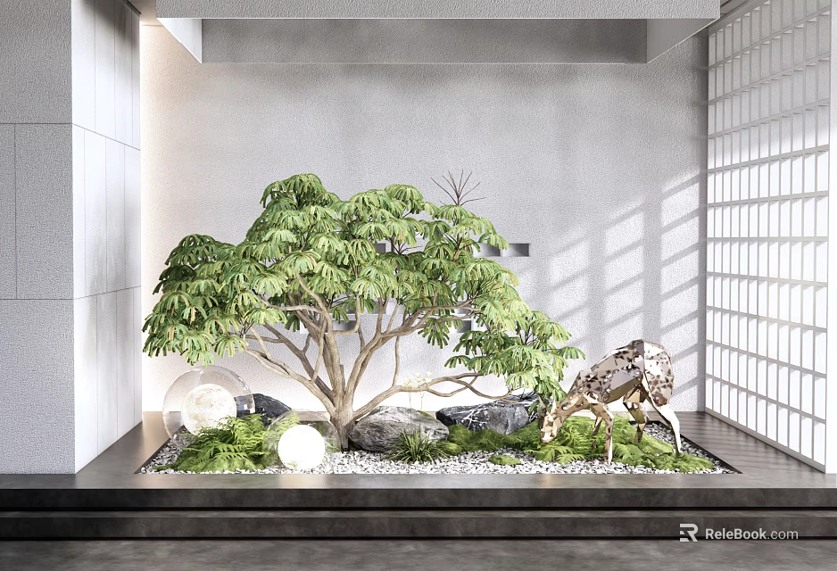 Indoor Landscape With Leafy Tree River Stones Round Lights And Lattice Shadows 3d model 