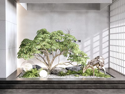 Indoor Landscape With Leafy Tree River Stones Round Lights And Lattice Shadows 3d model
