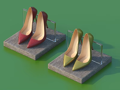 Red and Green High Heels on Wooden Display Stands with Green Background 3d model