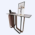Stylish Wooden Console Table With Metal Frame Sculpture Framed Artwork And Books