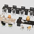 Modern Office Desk Workstations With Multiple Monitors And Colored Ergonomic Chairs 3d model