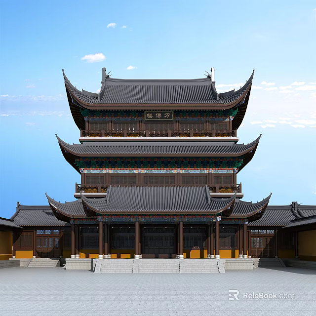 Traditional Ancient Chinese Building With Multi Story Pavilion Curved Eaves And Black Tiled Roof 3d model 
