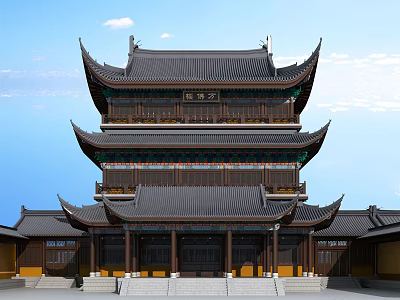 Traditional Ancient Chinese Building With Multi Story Pavilion Curved Eaves And Black Tiled Roof 3d model