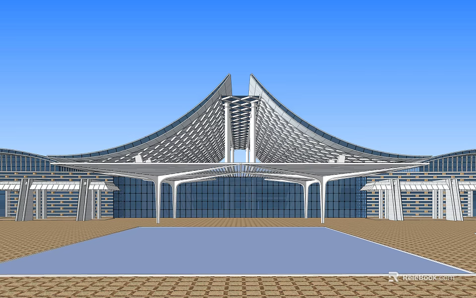 Modern Architectural Building with Streamlined Metal Roof Design Glass Facade and Spacious Front Plaza 3d model 