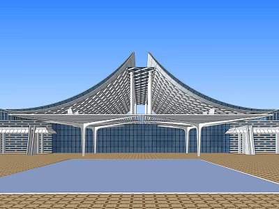 Modern Architectural Building with Streamlined Metal Roof Design Glass Facade and Spacious Front Plaza 3d model
