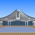 Modern Architectural Building with Streamlined Metal Roof Design Glass Facade and Spacious Front Plaza