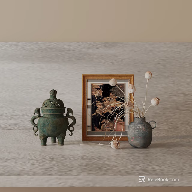 Traditional Decorative Ornament Set with Bronze Vessel Framed Art and Dried Flower Vase on Tabletop 3d model 