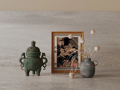 Traditional Decorative Ornament Set with Bronze Vessel Framed Art and Dried Flower Vase on Tabletop 3d model