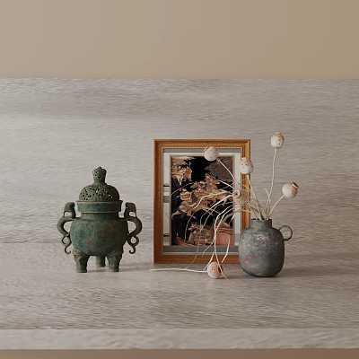 Traditional Decorative Ornament Set with Bronze Vessel Framed Art and Dried Flower Vase on Tabletop 3d model