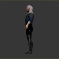 White Haired Warrior Character Wearing Dark Blue Shirt And Black Tight Pants With Sword