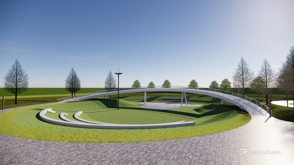 Modern Park Landscape Featuring Green Lawn Curved Bridge Pathway Trees Street Lamp And Blue Sky 3d model 