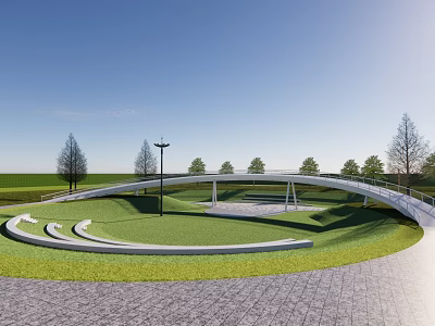 Modern Park Landscape Featuring Green Lawn Curved Bridge Pathway Trees Street Lamp And Blue Sky 3d model