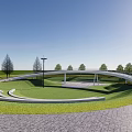 Modern Park Landscape Featuring Green Lawn Curved Bridge Pathway Trees Street Lamp And Blue Sky