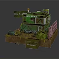 Cartoon Scene Featuring US Army Tank with Flag Wooden Crates Plants and Fences