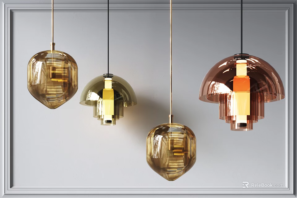 Modern Pendant Lights With Unique Glass Shapes And Copper Metal Frames Design 3d model 