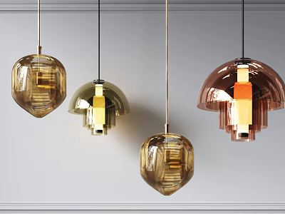 Modern Pendant Lights With Unique Glass Shapes And Copper Metal Frames Design 3d model