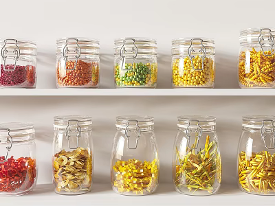 Transparent Glass Spice Jars With Colored Spices On White Shelf 3d model
