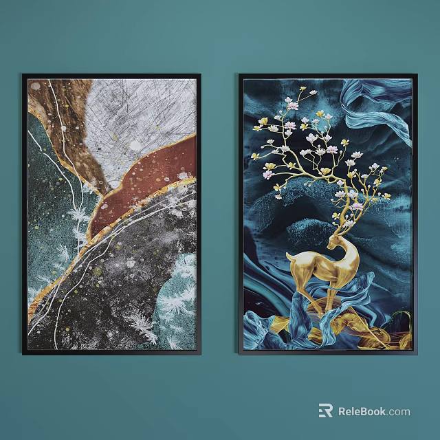 Abstract And Golden Deer Decorative Paintings With Blue Background Wall Art 3d model 