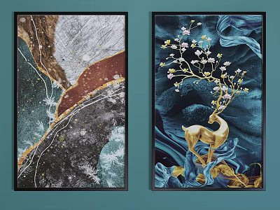 Abstract And Golden Deer Decorative Paintings With Blue Background Wall Art 3d model