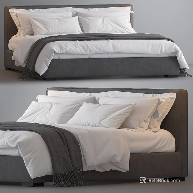 Modern Double Bed with Gray Frame White Sheets and Cozy Pillows 3d model