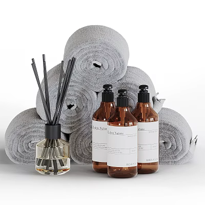 Soft Gray Towels With Aromatherapy Diffuser And Brown Lotion Bottles For Daily Laundry Essentials 3d model