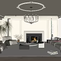 Modern Minimalist Living Room With Decorative Ceiling Black Chandelier Fireplace White Sofa Plants And Rug