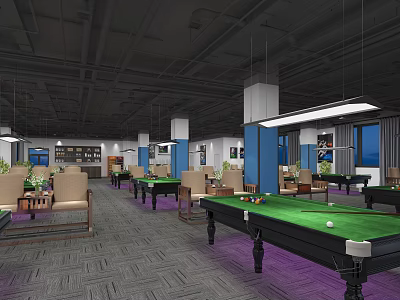 Modern Billiard Room Interior With Green Tables Comfortable Chairs And Hanging Lights 3d model