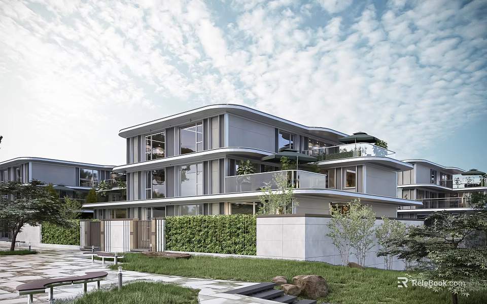 Modern Detached Villa Exterior Featuring Multi Storey Design Large Windows Balconies And Lush Greenery Courtyard 3d model 