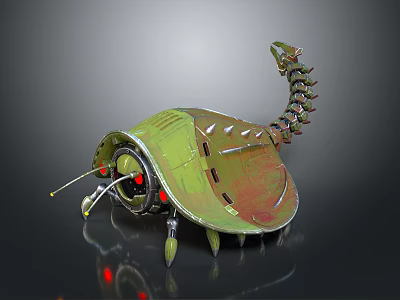 Mechanical Game Movie Character with Green Shell Scorpion Tail Metallic Texture and Red Lights 3d model