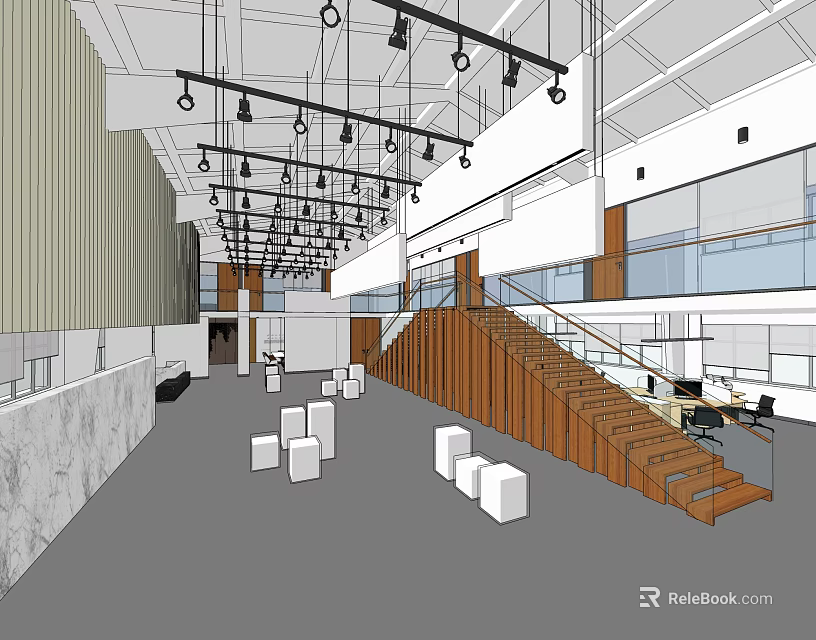 Modern Front Desk Reception Area With Open Space Wooden Staircase And White Cube Seats 3d model 