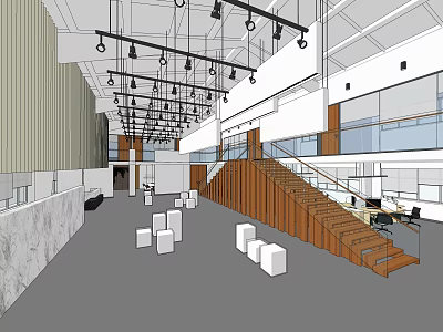 Modern Front Desk Reception Area With Open Space Wooden Staircase And White Cube Seats 3d model