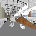 Modern Front Desk Reception Area With Open Space Wooden Staircase And White Cube Seats