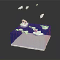 3D Blue Cubic Platform Scene With White Clouds And Floating Elements