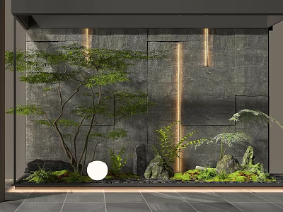 Modern Indoor Landscape With Gray Stone Wall Green Plants Rock Decorations And Warm Lighting 3d model