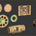 Golden Gears and Mechanical Components With Various Shapes on Gray Background