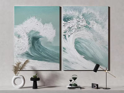 Textured Wave Paintings Light Teal White With Vase Hourglass Camera Table Lamp Decor 3d model