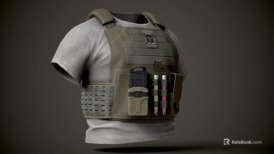 White T shirt With Tactical Vest Featuring Multiple Equipment Pockets And Magazines 3d model 