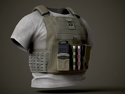 White T shirt With Tactical Vest Featuring Multiple Equipment Pockets And Magazines 3d model