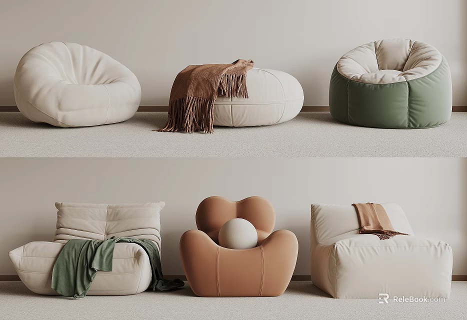 Modern Minimalist Bean Bag Chairs With Soft Knitted Blankets In White Green And Tan Colors 3d model 