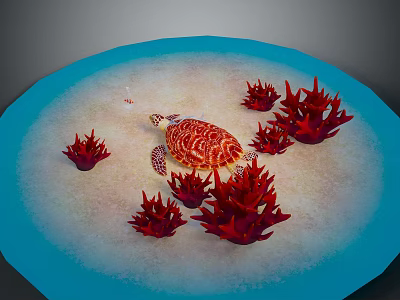 Sea Turtle As Reptile Swimming In Blue Water With Red Coral On Sandy Bottom 3d model