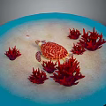 Sea Turtle As Reptile Swimming In Blue Water With Red Coral On Sandy Bottom
