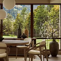 Modern Dining Room With Large Windows And Natural Landscape View 3d model