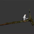 White Bird with Orange Beak Perched on Mossy Twiggy Branch Gray Background