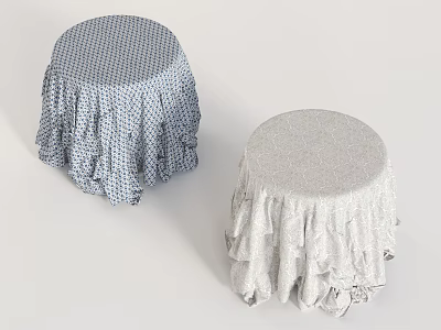 Two Round Stool Covers With Different Colors Blue White Checkered And Light Gray Ruffled Edges 3d model