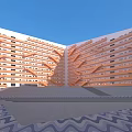 Modern Office Complex With Geometric White Orange Facades Central Courtyard Green Lawn And Blue Sky