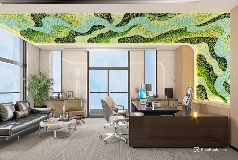 Modern Office Interior With Green Wavy Ceiling Large Windows Desk Sofa And Green Plants 3d model 