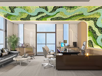 Modern Office Interior With Green Wavy Ceiling Large Windows Desk Sofa And Green Plants 3d model