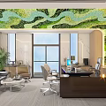 Modern Office Interior With Green Wavy Ceiling Large Windows Desk Sofa And Green Plants