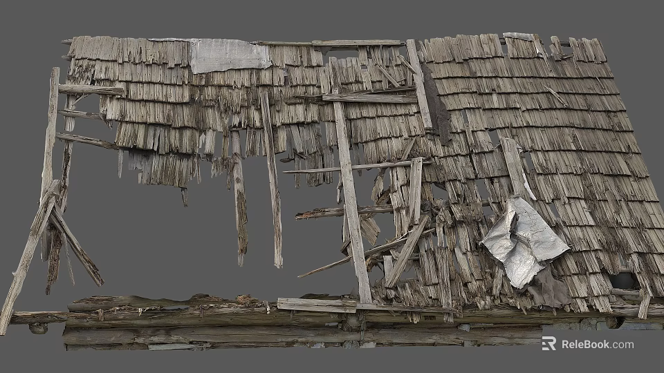 Dilapidated Wooden Roof With Broken Shingles Loose Structure And Metal Sheets 3d model 